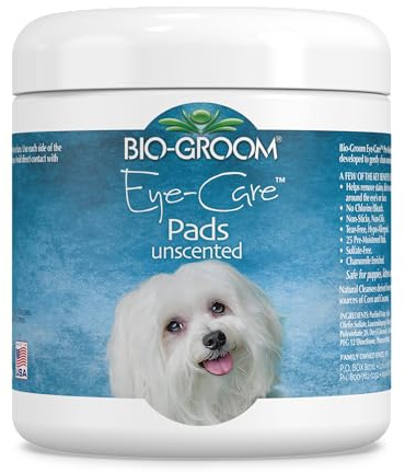 Bio-Groom - Eye Care - Augenreinigungspads für Haustiere - Entfernt Flecken, Schmutz und Sekrete - Hypoallergen - Vorgefeuchtete Pads aus Baumwolle - Mit Kamille - 25 Stück