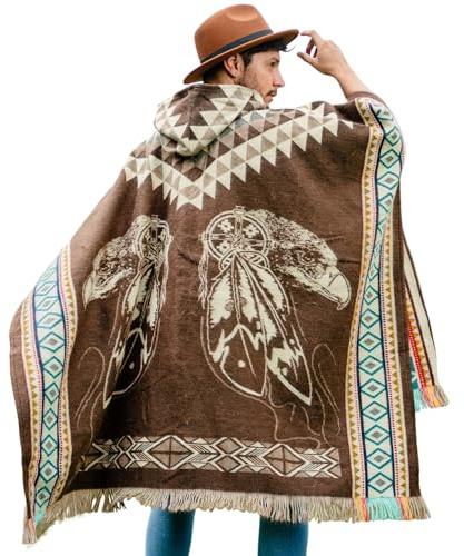 Poncho Men Alpaca Wool with Hood – Warm Ecuadorian Cloak, Thick Western Gaban, Cowboy Serape Shawl, Brown Canvas Honcho Hoodie, Winter Blanket Pancho for Adult – Clint Eastwood Style