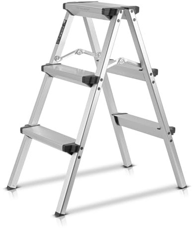 STAHLWERK Alu-Trittleiter ALT-150 ST bis 150 kg, 3 Stufen, Standhöhe 72 cm, Aluminium-Leiter | Klappleiter | Klapptritt | Mehrzweckleiter | Stehleiter mit rutschfesten Sprossen