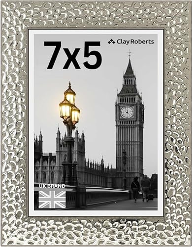 7x5 Silver Photo Frame, Picture Frames, Wood Design Finish, Wall Collage Display or Tabletop & Wall Mount, Prints Photos & Pictures, Designer Profile with Mat for Home or Gift.