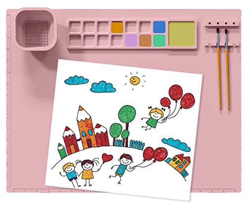 Tappetino da colorare in silicone per bambini, 50 x 40 cm, con area di pigmento e portaspazzola, tazza d'acqua con scala di misurazione, tappetino in silicone per artigianato per pittura multiuso