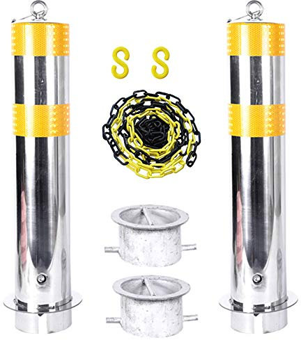 Reflektierendes Klebeband, Metallpfosten, 5 m Absperrkette und 2 Stück Sicherheitspfosten für Einfahrten, Parksperre aus Edelstahl mit Aufhängering (Silber 600 mm × 114 mm) (Silber 600 mm × 114 mm)