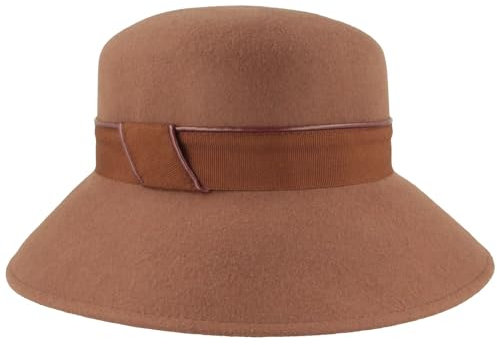 Breiter Sombrero de fieltro para mujer, 100% lana, tamaño ajustable, conjunto de cinta de grosgrain, Campana gris topo, Talla única