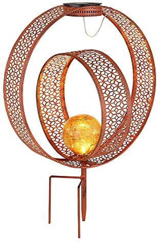 Lampe solaire avec perforations en métal et boule en verre, hauteur de la grille : 42 cm