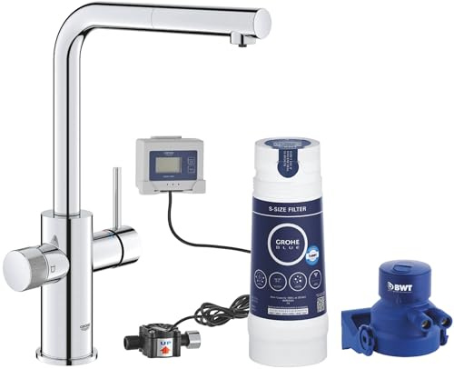Grifo Grohe Blue Pure Minta para fregadero de cocina, con caño extraíble, con filtro de 5 fases tamaño S y contador de litros, cromo