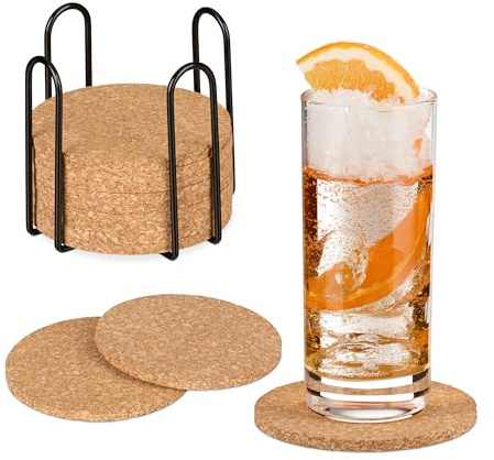 Relaxdays Korkuntersetzer, 16er Set, 10 cm, Getränkeuntersetzer mit Halter, für Gläser & Tassen, Untersetzer Kork, natur