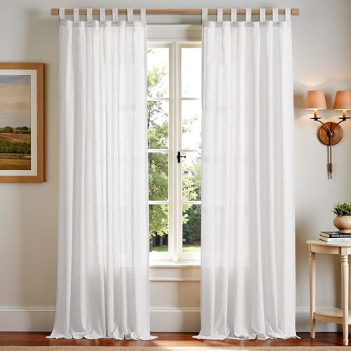 TOPICK Weiß Gardinen mit Schlaufen Leinen Vorhänge für Wohnzimmer Schlafzimmer Stores Fenster Lichtdurchlässig Lichtfilterung Vorhang Bauernhaus Landhausstil Gardine küche 2er Set 140Bx245H (cm)