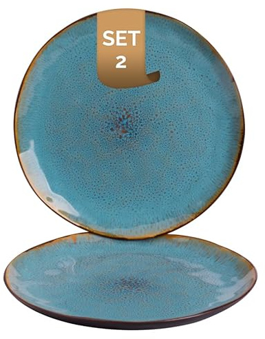 palmer Lotus Teller flach - 2er-Set - Steinzeug - Ø 27,5 cm - Türkis teilglasiert, organische Form - für Pizza, Menü oder als Tortenplatte - stapelbar, spülmaschinenfest