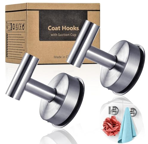 YOHOM Ganchos Ventosa Baño Toallero Sin Taladro con Ventosa Resistentes Ganchos para Colgar Colgador Toalla Baño Acero Inoxidable Perchero Puerta para Cocina y Dormitorio Acabado Cepillado, 2 Piezas
