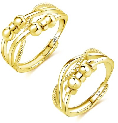 Deyanse Silber Anxiety Ringe, 2PCS 925 Sterling Silber Angst Ringe Set | Offen Einstellbar Anti Stress Partnerringe, Unendlichkeit Spinner Fidget Ring mit Perlen, Unisex Dekompressionsring Paar Ring