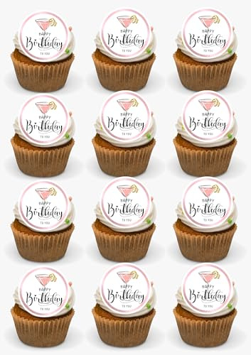 Cocktail party Happy Birthday Edible Cupcake Toppers 24 Precut Premium Wafer Card 18th 21st 30th 40th 50th 60th 70th Birthday Toppers