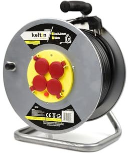 BSD Tambor Alargador Eléctrico Metálico 50m 3x2,5mm con Protección Térmica y 4 Tomas 230V para Hogar y Taller