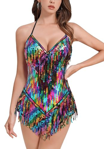 Odizli Damen Sommer Glitzer Pailletten Fransen Bodysuit Konzert Party Club Festival Outfit