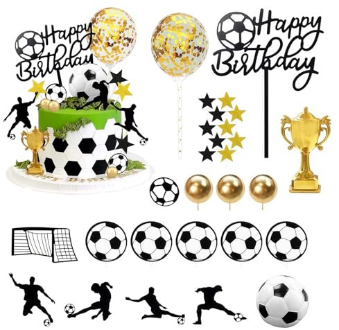 28 Stück Fußball Tortendeko Set, Cake Topper für Geburtstagstorten | 28-teiliges Fußball-Set in Schwarz-Gold mit Toppern, Ballons, Pokal, Sternen und Spielern für Torten und Fußballpartys