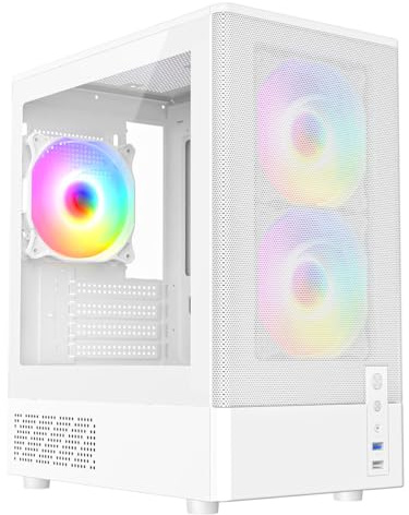 CiT F3 Gaming PC Case – Micro-ATX Computer Case with Mesh Front & Tempered Glass Side Panels - 3 x 120mm ARGB Fans Included - AIO Support - USB 3.0, USB 2.0 - HD Audio/Mic | White