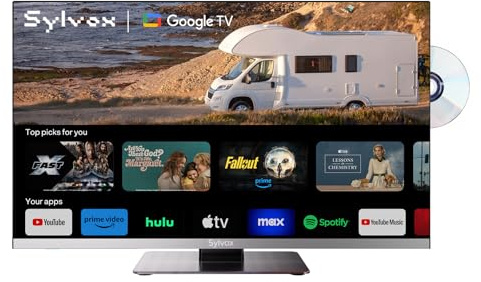 SYLVOX 22 Wohnmobil Fernseher mit DVD-Player, 12V Smart TV 1080P Full HD, Google TV, Rahmenloser DC/AC Powered Television mit WiFi, Bluetooth, HDMI, USB | Triple-Tuner für Wohnwagen, Camping & LKW