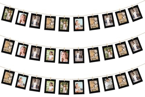 30 corde da appendere per foto, cornici da appendere con clip in legno e cordino, 10 x 15 cm, mini mollette nere per foto, foto, cornici per casa, ufficio, matrimoni, decorazioni per feste