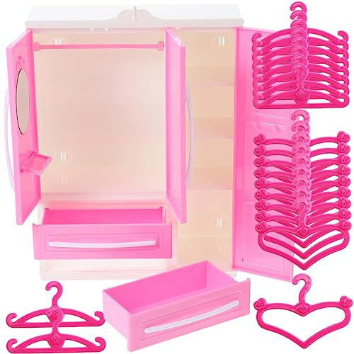 FRCOLOR 1 Satz Kleiner Puppenschrank mit Hochwertiger Abs Dreifach Kleiderschrank mit Hängern und Herz Hängern für Puppenmöbel und Dekoration Kinderzimmern