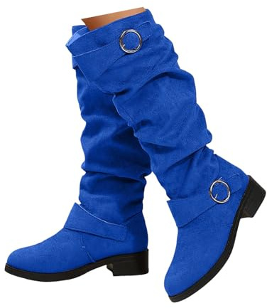 Xbemkste Bottes western pour femme - Bottes élégantes en daim - Bottes longues froncées - Boucle de ceinture - Bottes hautes - Bottes de cowboy hautes - Bottes d'hiver à enfiler, bleu, 40 EU