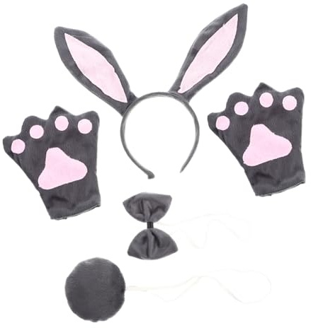 GANAZONO Bandeau Oreilles Lapin Gris Garçon et Filles 4 Pièces Ensemble Cosplay Halloween Costume Fête Accessoire Animalier