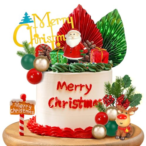 Christmas Cake Decoration,Christmas Cake Toppers Set,20PCS Xmas Decor for Festive Cake Includes Santa Claus Snowman Reindeer Pine Cones Balls Pine Branches Sphere and More for Holiday Party Decoration