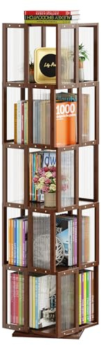 BAMEOS Drehbarer Bücherturm mit 5 Ebenen, 360° drehbares Bücherregal aus Massivholz, braun, Würfelform, Eckregal für Büro, Schlafzimmer und Wohnzimmer