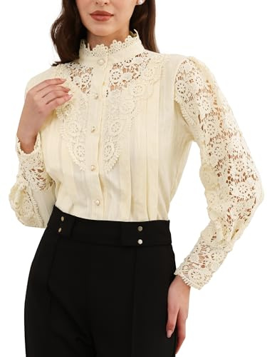 Allegra K Elegant Victorian Stand Collar Long Sleeve Button Down Blouse