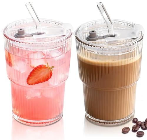 Solinorex Juego de 2 Vasos con Tapa y Pajita - Vaso para Matcha de 400 ML, Taza Cristal para Café, Zumo y Batidos