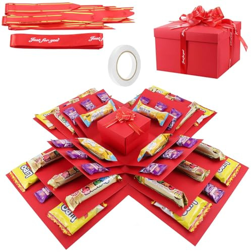 5 Layer Red Exploding Gift Box with Surprise Elements, Explosion Gift Box, Complete Set with Paper Streamers and Double-Sided Adhesive Tape, Ideal Exploding Box for Memorable Celebrations