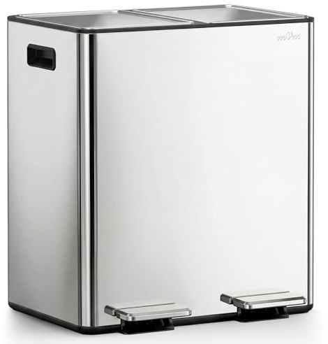 mVm Cubo de Basura para la Cocina, 2 Compartimentos 2 x 20L Cubo de Basura Cocina, Papelera Moderna y Robusta, Cierre Suave, para Cocina, Salón, Plata