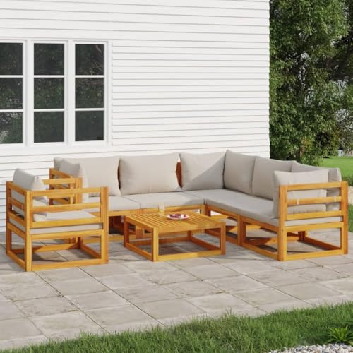 Mokuyary 7-TLG. Trädgårdsloungeset med ljusgrå kudde, massivt trä, trädgårdsmöbelset, utomhus, balkongset, terrassmöbler, trädgårdslounge, sittgrupp för terrass, balkong, trädgård