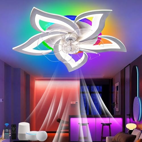 lnrosy Moderna Ventilatore da Soffitto con Luce Compatibile con Alexa e Google Assistant Lampada Ventilatore RGB Intelligente con Reversibile e Timer 6 Velocità e Silenzioso Per Soggiorno Bianco