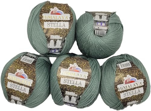 5 x 100 Gramm Ilkadim Export Stella Viskose Strickgarn mit Glitzer, Glitter Strickwolle einfarbig, 500g Viskosegarn (graublau 46020)