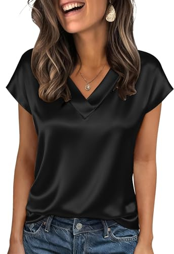 Akiooue Ladies Summer Short Sleeve Satin Tops Womens V Neck Silk Blouses | Elegant Smart Lightweight Solid Blouse and Shirts, Fashion Loose Casual Business Office Work Going Out Party Tops