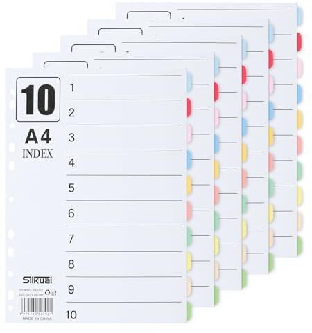 5STK Register für Ordner A4 Pappe Trennblätter für Ordner A4 Register 1-10 | Bunte Papier 11 Löcher Gestanzt mit Digitalen Karton Register Ordner Trennblätter für Organisation im Büro Schule Zuhause