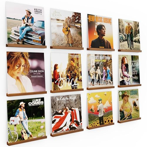 Emfogoo 12 Pièces Porte-disques Mural en Bois, Rétro Supports Muraux pour 12 Vinyles, Porte-disques Mural pour Salon de Décoration, Affichage et Stockage, Collections (Noyer)