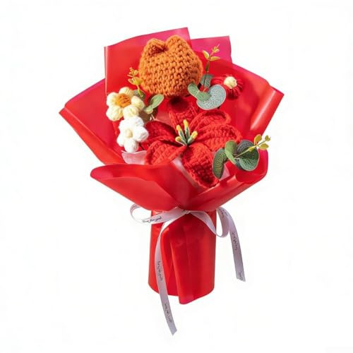 AugustknowU Bouquet lavorato a maglia all'uncinetto fatto a mano gigli tulipani composizione floreale per casa, soggiorno, camera da letto, libreria, tavolo (rosso)