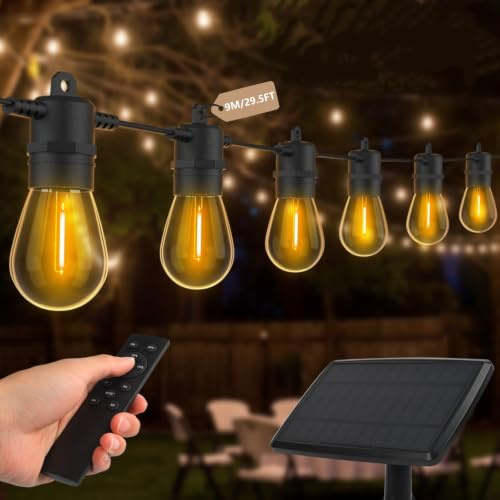 AVANLO Solar String Lights with Remote, 9M/29.5FT Outdoor Festoon Lights | IP44 Waterproof, 3 Modes Lighting, Shatterproof 10+1 S14 Bulbs for Indoor & Outdoor Party Garden Wedding Patio Cafe