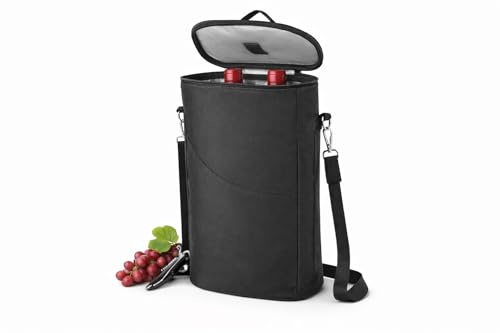 Wine Cooler Tote Bag, 2 Bottle Insulated Carrier, Oxford, Adjustable Shoulder Strap, Black