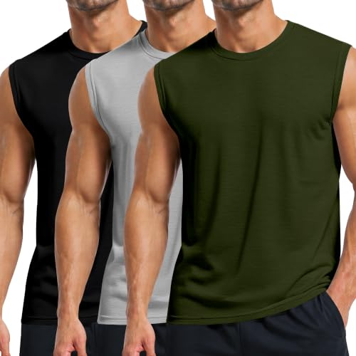 Holure Men's Cotton Gym Tank Tops, 1 or 3 Pack Sleeveless Workout T-Shirts, Muscle Training Vest, Breathable Stretch Crew Neck Shirts