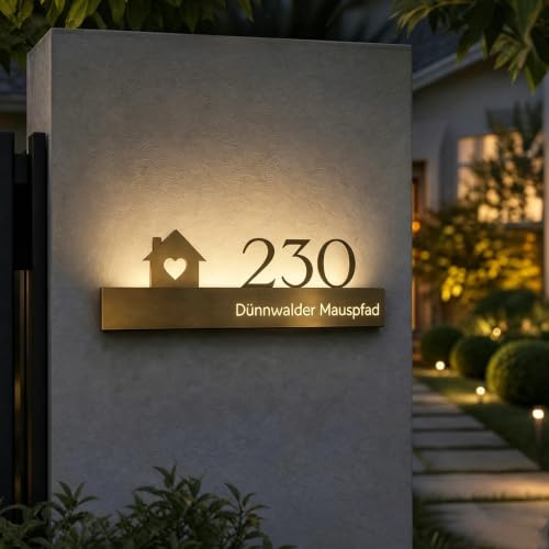 NEONAPM Hausnummer Beleuchtete, LED Beleuchtete Adressschild 20-50CM | Anpassbar Beleuchtete Türnummer, Edelstahl, Wasserdicht, Gold/Schwarz, Wandmontage