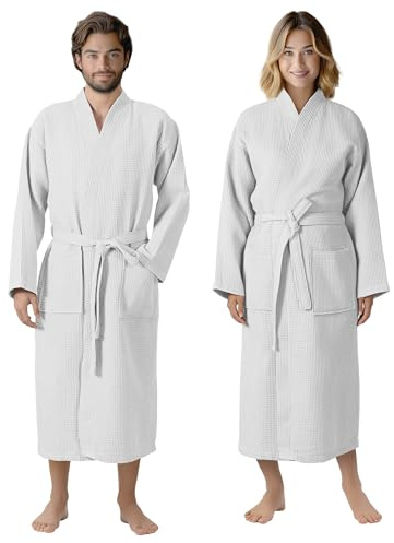 HOMELEVEL Pique badrock resebadrock 100 % bomull för kvinnor och män, morgonrock, kimono, basturock, resa, morgonkjol, piké, våffelpiké, kvinnor, män, Vit, M