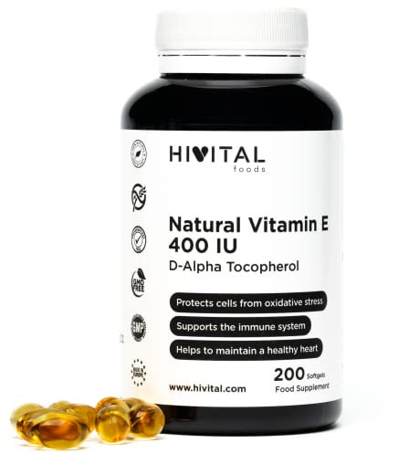 Vitamina E Natural 400 UI (D-Alfa Tocoferol). 200 perlas para más de 6 meses de tratamiento. Elaborada con 400 mg de Vitamina E NATURAL. Fabricado en España por HIVITAL