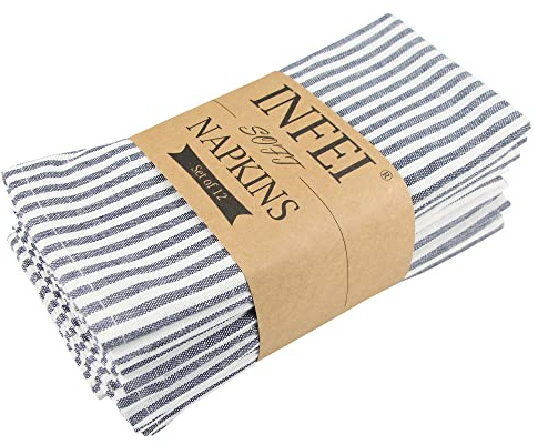INFEI Plain Striped Cotton Linen Blended Dinner Cloth Napkins - Set of 12 (40 x 30 cm) - for Events & Home Use (Navy)