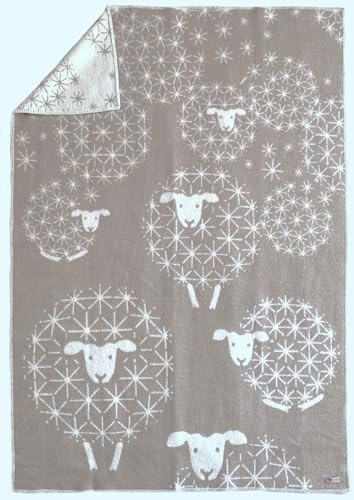JOWOLLINA Wendedecke Wolldecke Plaid Kuscheldecke aus Öko-Wolle mit lustigem Tiermotiv (Schäfchen Pusteblume Clay)