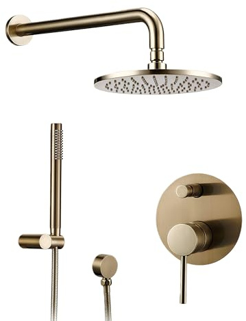 Wanym Unterputz Duscharmatur Gold Gebürstet, Duschsystem mit Regendusche Regeneffekt, 2 Wege Einhebeldusche Messing, 8-12 Regendusche Duschkopf, mit Handbrause und Duschschlauch,12inch