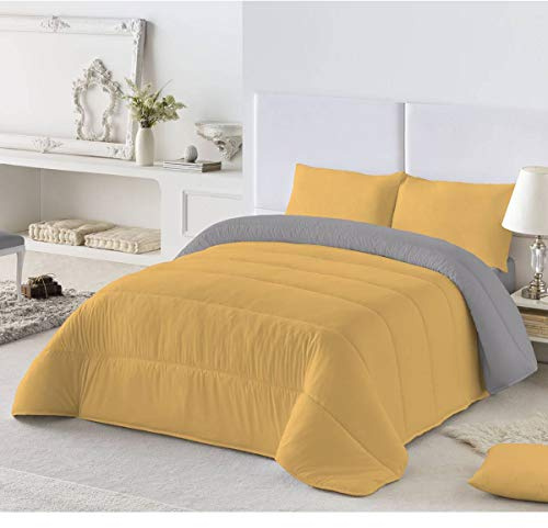 NATURALS - Edredón Nórdico 300 Gramos Liso Bicolor - Reversible - Microfibra Extrasuave - Acolchado Gran Confort y Transpirable - Mostaza/Gris - Cama 90/105 (180x260 cm) - Fabricado en España