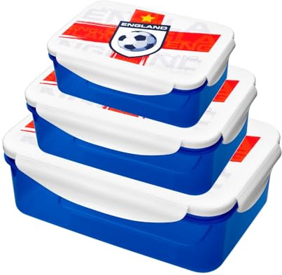 HOMESHOPA Plastic Lunch Box, 3 Pack Blue 500ML/900ML/1500ML Clip & Lock Airtight Food Storage Containers, England Football Print BPA Free Leakproof Reusable Sandwich Boxes