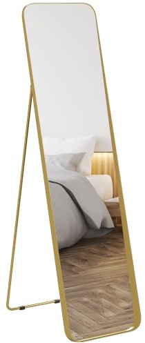 HOMCOM Ganzkörperspiegel 160 x 40 cm verjüngender Standspiegel, Glas Gold | Mit Metallrahmen, Bruchsichere Glas, Wandspiegel zum Stehen, Anlehnen, Spiegel für Wohnzimmer, Schlafzimmer, Flur