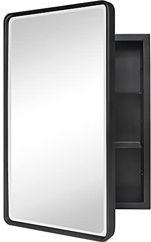 TEHOME Farmhouse Black Metal Framed Recessed Bathroom Medicine Cabinet with Beveled Mirror Rounded Rectangle Bathroom Medicine Cabinet 16x24 inch